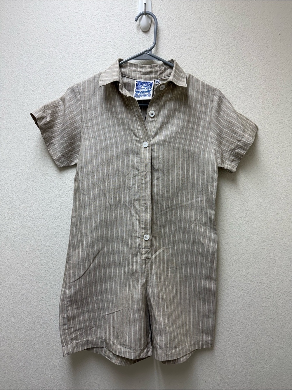 Jungmaven XS Beige White Striped Collared Button Front Short Sleeve Romper